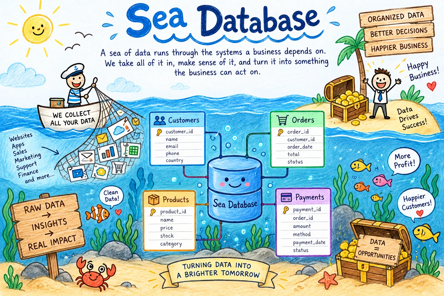 SeaDatabase illustrated as an ocean: business data is collected, customers, orders, products and payments are connected, and useful insights reach the surface.